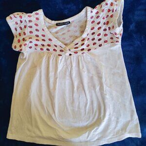 Vintage Y2K Distressed Audrey Lane White V-Neck Top with Red Apple Print
